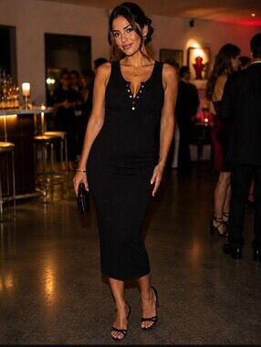THE Work Shop Sleeveless Black Maxi Dress with Gold Button Accent.